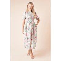 Dorothy Perkins Women's Floral Shirred Bodice Puff Sleeve Midi Dress | Size: 8