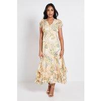 Wallis Women's Petite Floral Satin Ruffle Hem Midaxi Dress in Yellow | Size: 16
