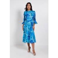 Wallis Women's Petite Floral Organza Flute Sleeve Midi Dress in Turquoise | Size: 18