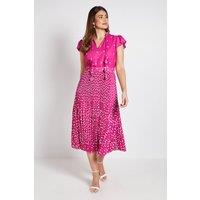 Wallis Women's Polka Dot Ruffle Neck Pleated Midi Dress in Magenta | Size: 16
