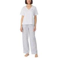 DKNY Women's Short sleeve top & pant sleep set in white & white logo stripe | Size: Large