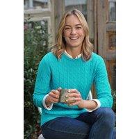 WoolOvers Women's Cashmere Merino Cable Crew Neck Jumper in Blue | Size: Medium