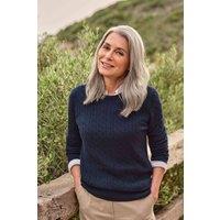 WoolOvers Women's Cashmere Merino Cable Crew Neck Jumper in Dark Navy | Size: 2XL