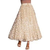 Yumi Women's Ivory Mesh Floral Applique Midi Skirt in Warm White | Size: 16