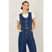 Yumi Women's Blue Denim Stretch Fitted Jumpsuit | Size: 16