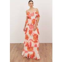 Anaya with Love Women's Floral Cold Shoulder Tiered Maxi Dress in Coral | Size: 18