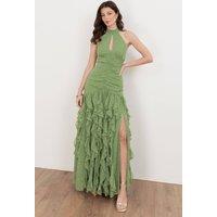 Anaya with Love Women's Halter Neck Waterfall Ruffle Maxi Dress in Green | Size: 12