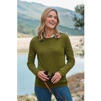 WoolOvers Women's Cashmere Merino Cable Crew Neck Jumper in Khaki | Size: Medium