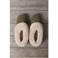 WoolOvers Women's Sheepskin Collar Ballerina Slippers in Khaki | Size: 7