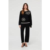 Izabel London Women's Floral Trim Jumper & Trousers Co-Ord Set in Black | Size: Medium
