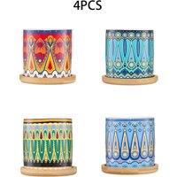 Living and Home 4pcs Ceramic Plant Pots with Drainage Holes and Bamboo Trays