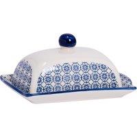 Nicola Spring Hand-Printed Butter Dish 18.5 x 12cm in Navy | Size: 18.5 x 12 cm