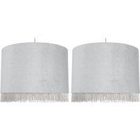 First Choice Lighting Set of 2 Fringed - Silvery Grey 38cm Fringed Velvet Pendant Shades in Silver
