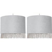 First Choice Lighting Set of 2 Fringed - Silvery Grey 23cm Fringed Velvet Pendant Shades in Silver