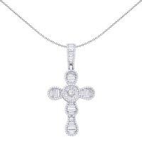 Jewelco London Silver Baguette CZ Art Deco Raindrop Sunburst Cross Pendant