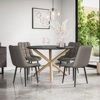 More4Homes Malvern Round Dining Table & Chairs - Black Table Top w Solid Oak Legs + Nova Faux Leather Dining Chair Set Of 4 in Grey