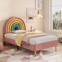 Matteo Adjustable Velvet Upholstered Bed 90*190 with Wooden Slat Support & Headboard, Pink in Beige