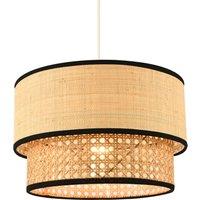 Happy Homewares Modern Double Tier Real Natural Rattan Pendant Shade with Black Trims in Brown