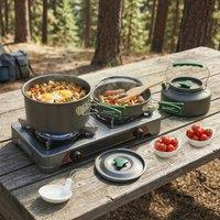 OUTSUNNY Camping Cookware Set for 2-3 People, Camping Cooker Parts, Grey