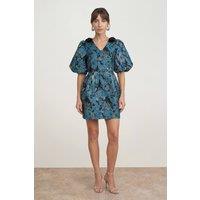Oasis Women's Bow Shoulder Puff Sleeve V Neck Mini Dress in Blue | Size: 10
