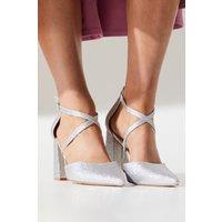 Coast Women's Wide Fit Treat Glitter Cross Strap Pointed Block Heel Court Shoes in Silver | Size: 5