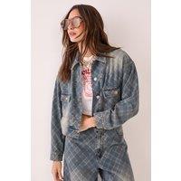 NastyGal Women's Check Denim Distressed Jacket in Authentic Midwash | Size: 8