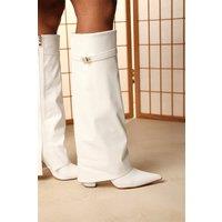 Where's That From Women's Keira Fold Over Shark Block Heel Point Toe Boots in White | Size: 5