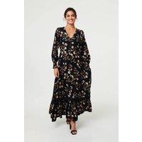 Izabel London Women's Floral Long Sleeve Lace Trim Maxi Dress in Navy | Size: 18