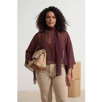 WOVCOR Women's Sheer Tie Neck Batwing Sleeve Top in Burgundy