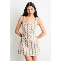 Warehouse Women's Snake Print Faux Leather Mini Dress in Cream | Size: 12