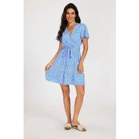 FS Collection Women's Floral Wrap Front Mini Dress with Lace Trim Hem in Blue | Size: Medium