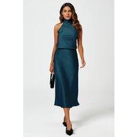 FS Collection Women's Satin Midi Skirt with Fluid A-Line Silhouette in Teal | Size: Large
