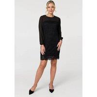 Izabel London Women's Semi Sheer Lace Trim Short Dress in Black | Size: 14