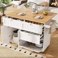 Matteo White Mobile Kitchen Island - Drop Leaf Table, Storage & Casters