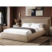 Solace+Co Sigrid Sand Velvet Cushion Headboard Ottoman Bed in Light Sand | Size: Double