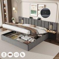 BTM Upholstered Bed with Charging Station Storage & Reading Light in Grey | Size: King