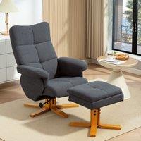 HOMCOM Linen Recliner Chair & Footstool Wooden Base Grey