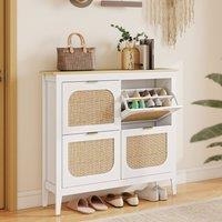 HOMCOM Boho Slim Shoe Cabinet with Rattan Doors, Holds 20 Pairs, White