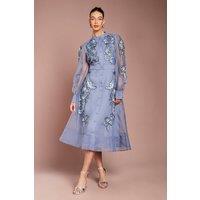 Coast Women's Placement Embroidered Long Sleeve Midi Dress in Blue | Size: 10