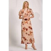 Jolie Moi Women's High Neck Angel Sleeve Chiffon Maxi Dress in Beige | Size: 12