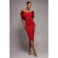 Goddiva Women's Off Shoulder Back Satin Bow Wrap Crepe Midi Dress in Red | Size: 16