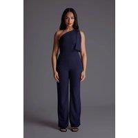 Vesper Women's Petite One Shoulder Wide Leg Jumpsuit in Navy | Size: 8