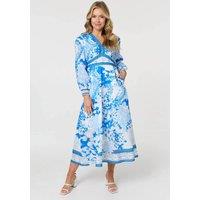 Izabel London Women's Floral Long Sleeve A-Line Maxi Dress in Blue | Size: 12