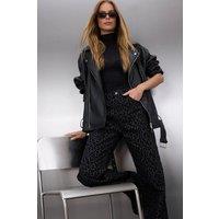 WOVCOR Women's Leopard Print High Waist Suede Look Wide Leg Trousers in Black | Size: 6