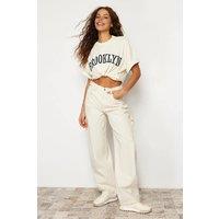 WOVCOR Women's High Waist Loose Baggy Carpenter Jeans in Ecru | Size: 4