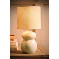 ValueLights Kendal Natural Linen Drum Shade Glaze Ceramic Table Lamp with LED Bulb in Pale Blue