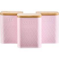 Cooks Professional 3pc Embossed Tea Coffee Sugar Kitchen Storage Bins with Bamboo Lids in Pink