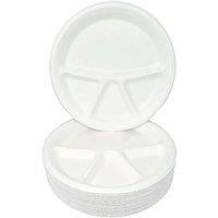 ECONX 4 Compartment Round Bagasse Plates 12" Disposable Dinner Party Plates in White | Size: 25 Pieces