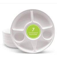 ECONX 7 Compartment Round Bagasse Plates Heavy Duty Disposable Dinner Plates in White | Size: 50 Pieces