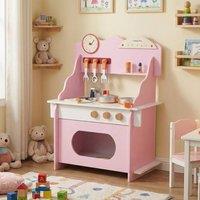 CASART Wooden Play Kitchen Kids Pretend Play Toy Kitchen Set w/ Clock & Stove in Pink